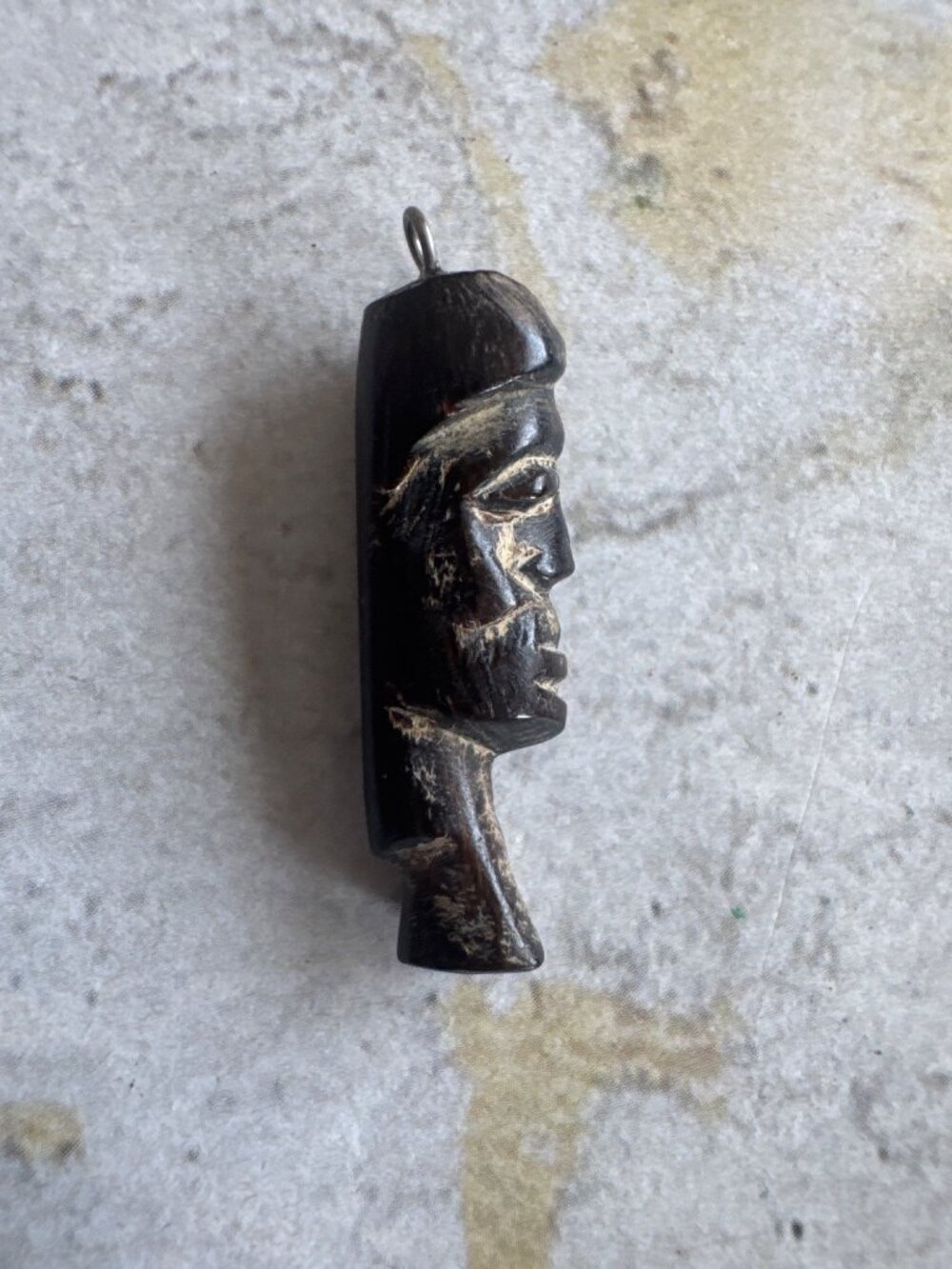 Hand-Carved Tribal Face Pendant 1" Long Dark Wood With Metal Loop